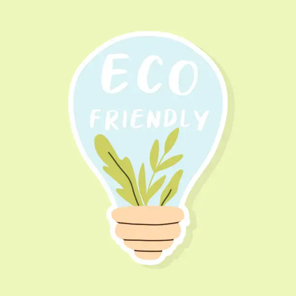Vector illustration of Eco sticker with light bulb and leaves. Eco friendly sticker. Vector illustration. Save the planet.