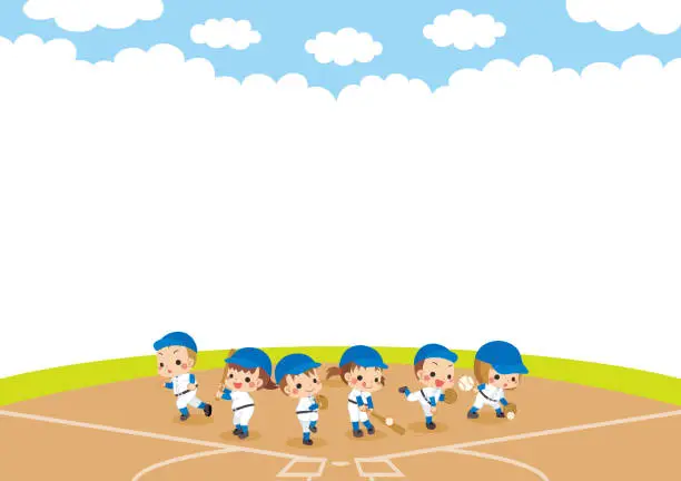 Vector illustration of Little Kids playing Baseball