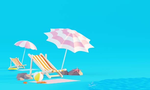 istock Summer vacation beach abstract background concept, Minimal Realistic Display Podium for Product mock-up or Cosmetics with summer theme, beach umbrella, sand, chairs, inflatable ring. 3d rendering 1480214692