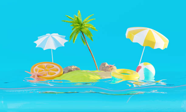 istock Summer vacation beach abstract background concept, Minimal Realistic Display Podium for Product mock-up or Cosmetics with summer theme, beach umbrella, sand, chairs, inflatable ring. 3d rendering 1480214742