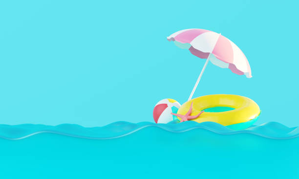 istock Summer vacation beach abstract background concept, Minimal Realistic Display Podium for Product mock-up or Cosmetics with summer theme, beach umbrella, sand, chairs, inflatable ring. 3d rendering 1480214745