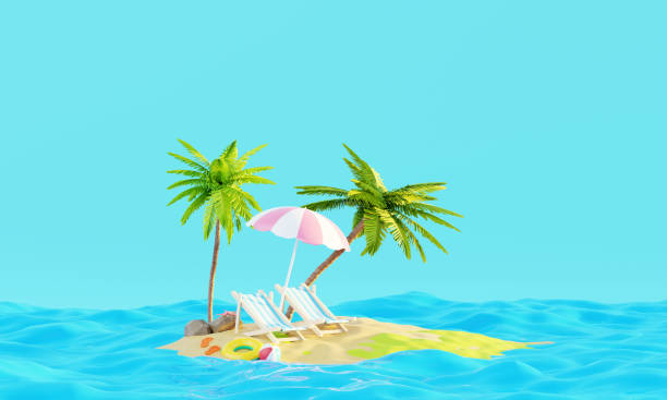 istock Summer vacation beach abstract background concept, Minimal Realistic Display Podium for Product mock-up or Cosmetics with summer theme, beach umbrella, sand, chairs, inflatable ring. 3d rendering 1480214757