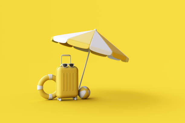 istock Suitcase, glasses, umbrella, ball and swim ring on pink background. 1480214910