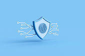 3d rendering of Fingerprint padlock on blue background.