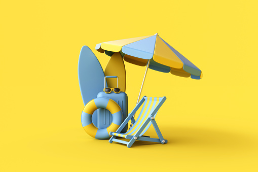 istock Summer Concept, beach umbrella, striped beach chairs 1480214920