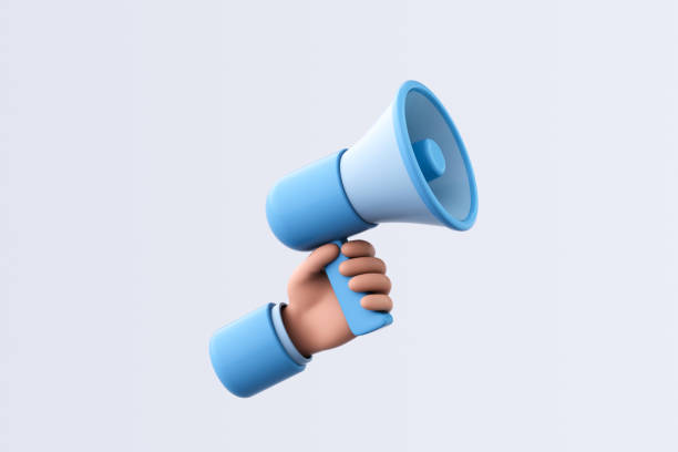 istock 3d rendering Cartoon character hand holding megaphone. 1480214947
