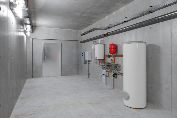kesselanlage mit wärmepumpe im keller - water pipe boiler pipe control panel stock-fotos und bilder