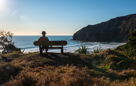 Man sitting on the bench and looking at the view at Bethells Beach. Waitakere. Auckland.