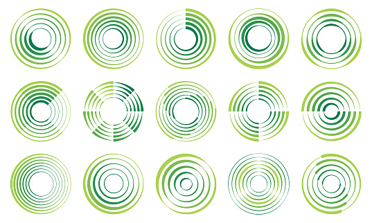 Set of abstract circle shapes for design. Radial rotating lines. Symbol of ripple effect. Vector design elements