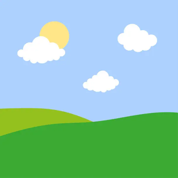 Vector illustration of green cartoon meadow sun. Hills horizon. Vector illustration.
