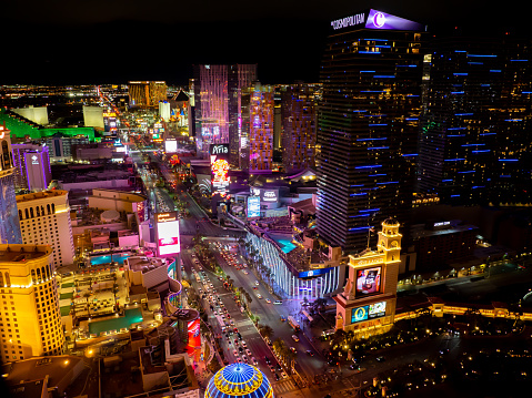 Las Vegas, USA. Amazing night landscape to Las Vegas Strip from the Eiffel Tower at Paris hotel. Hotel, buildings illuminated at evening