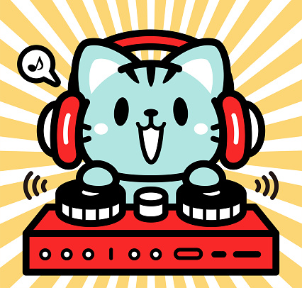 Animal characters vector art illustration.
Cute character design of a little cat wearing headphones and playing on turntables.