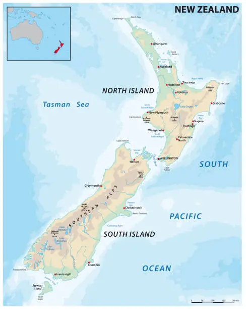 Vector illustration of Physical vector map of the island nation of New Zealand