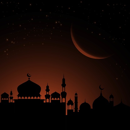 Realistic Islamic Mosque Background with Crescent.