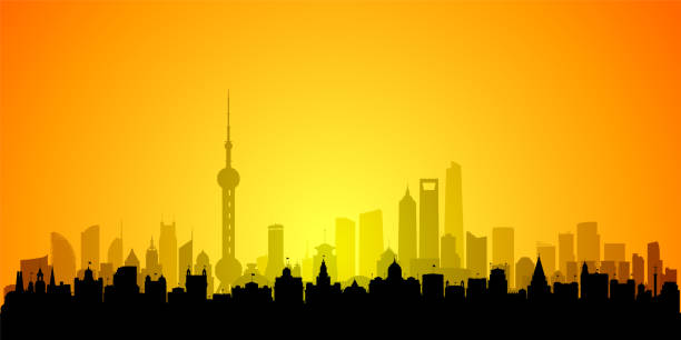 illustrazioni stock, clip art, cartoni animati e icone di tendenza di skyline di shanghai (tutti gli edifici sono completi e spostabili) - huangpu district illustrations