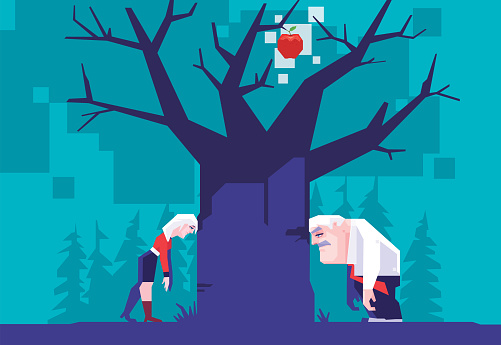 vector illustration of senior couple leaning on apple tree