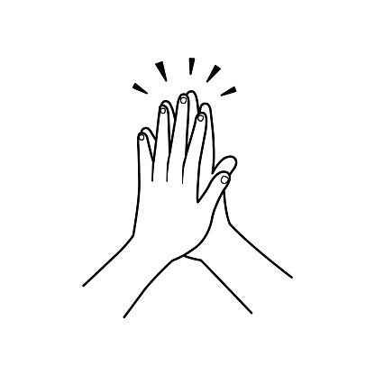 Two hands clapping in high five gesture, Line drawing of high five hands concept, High five icon.