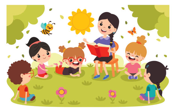 ilustrações de stock, clip art, desenhos animados e ícones de teacher and school children at nature - preschooler plant preschool classroom