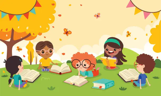 Vector illustration of Children Reading Book At Nature