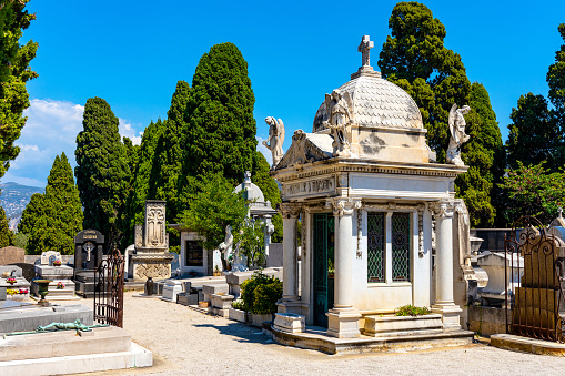 Nice, France - August 3, 2022: Historic Cimetiere do Chateau Christian Cemetery in historic old town district of Nice at French Riviera of Mediterranean Sea
