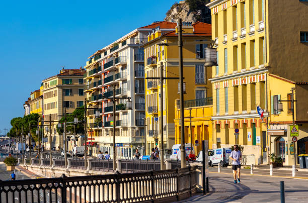 colorful tenement houses along quai papacino street in historic port and marina of nice, france on french riviera - city of nice restaurant france french riviera imagens e fotografias de stock