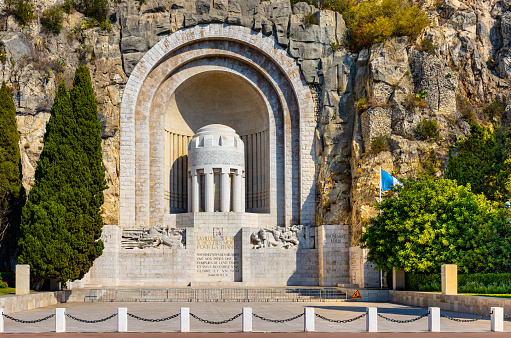 Nice, France - August 5, 2022: Monument aux Morts Memorial to Fallen on Rauba Capeu in World War I at Chateau Castle Hill in historic Nice Port district on French Riviera