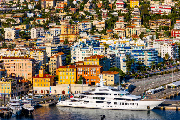 Nice Port and yacht marina district with Mont Boron hill at French Riviera of Mediterranean Sea Harbor in France stock photo