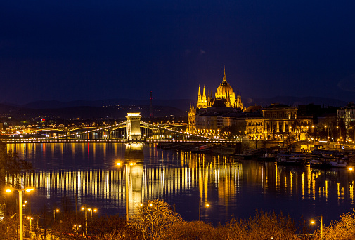Parliament of Hungary in the night, reflected in the river