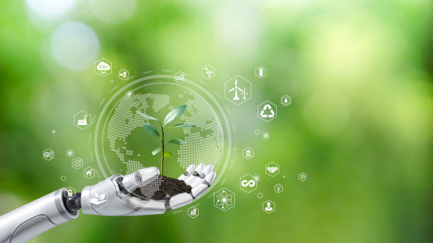 istock Globe and tree in robot hand with Environment icon. Green technology and Environmental technology. science artificial Intelligence and Technology. Sustainable development goal (SDGs) concept. 1480229486