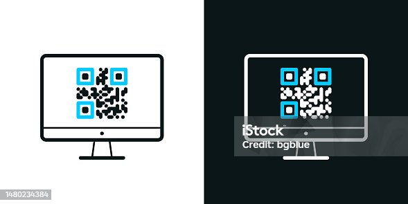 istock Desktop computer with QR code. Bicolor line icon on black or white background - Editable stroke 1480234384
