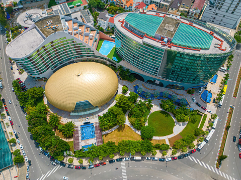 Vung Tau, VIETNAM, SEP 24 2022 - Drone View of Pullman luxury hotel in Vung Tau. The hotel was designed by maverick, iconoclast and visionary architect.