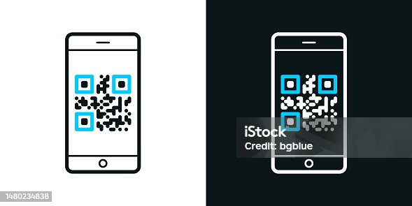 istock Smartphone with QR code. Bicolor line icon on black or white background - Editable stroke 1480234838