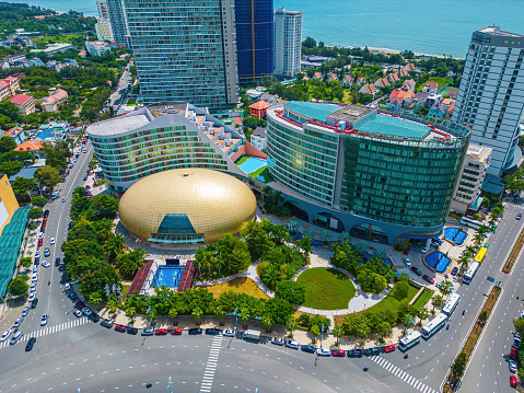 Vung Tau, VIETNAM, SEP 24 2022 - Drone View of Pullman luxury hotel in Vung Tau. The hotel was designed by maverick, iconoclast and visionary architect.