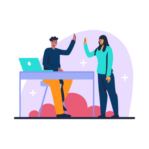 ilustraciones, imágenes clip art, dibujos animados e iconos de stock de personajes de dibujos animados de hombres y mujeres jóvenes que chocan los cinco - evaluación del desempeño