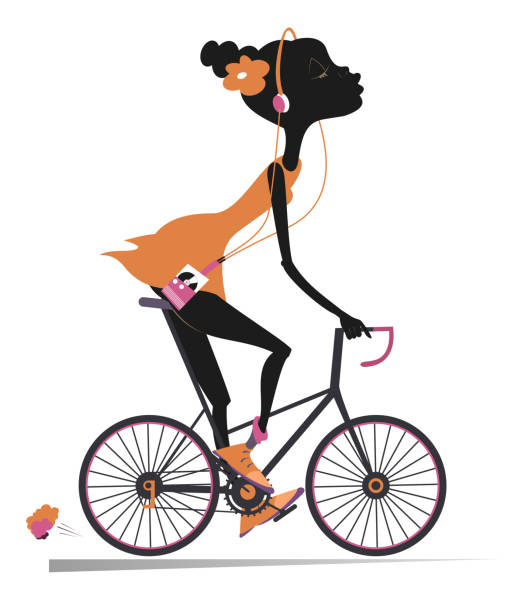 自転車に乗る音楽プレーヤーを持つアフリカの女性 - bicycle isolated white background cycling点のイラスト素材／クリップアート素材／マンガ素材／アイコン素材