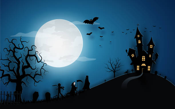 istock Halloween dark blue template in night sky view with tree, tombstone, witch, pumpkin, bats, house, castle, full moon and ghost. vector illustrator design in paper cut concept. 1480237131