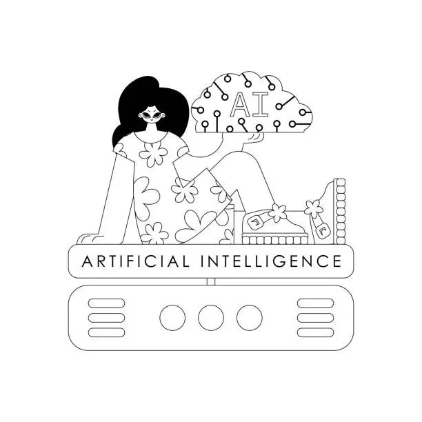 Vector illustration of Girl and AI server in vector linear theme, featuring artificial intelligence