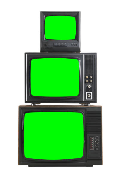 istock Three vintage televisions with a green screen insulated on a white background. 1480239016
