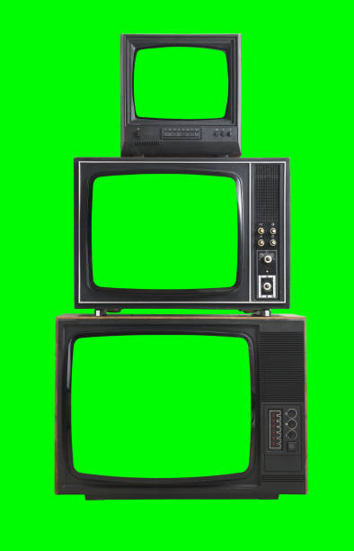 istock Three vintage televisions with a green screen insulated on a white background. 1480239071