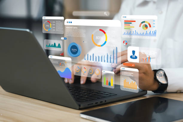analytik používá počítač a dashboard pro analýzu dat a systém správy dat s kpi a metrikami připojenými k databázi pro technologie, finance, provoz, prodej, marketing - data analytics - stock snímky, obrázky a fotky