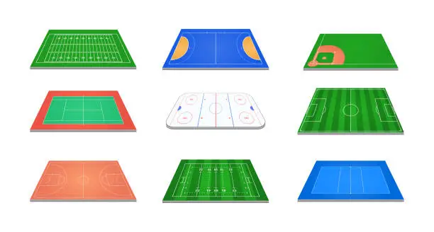 Vector illustration of Sport field marked stadium competition court for group game playing set isometric vector