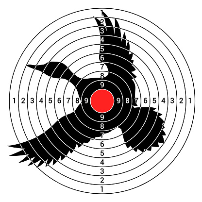 Target for shooting flying duck black silhouette hunting circle marked aim vector flat illustration. Sports game goal hitting practice dartboard shot accuracy center range sharpshooter weapon training