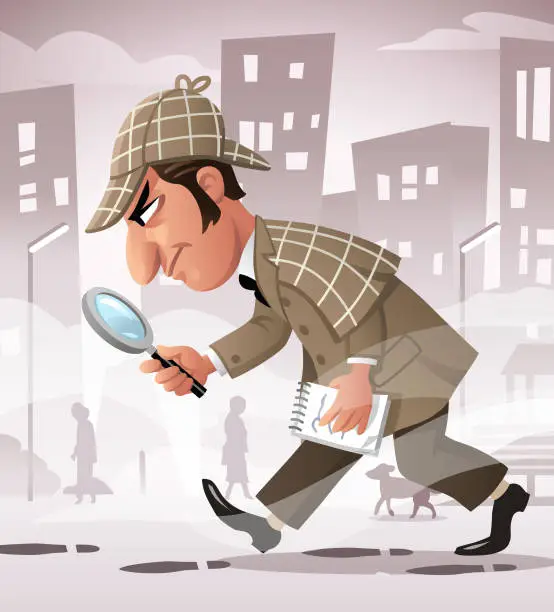 Vector illustration of Detective Following Footprints In A Foggy City