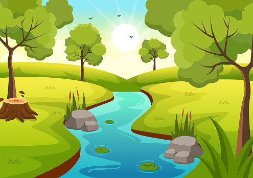 River Landscape Illustration with View Mountains, Green Fields, Trees and Forest Surrounding the Rivers in Flat Cartoon Hand Drawn Templates