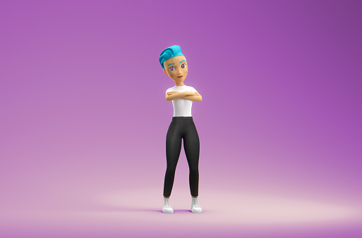 A female video game character, posing in a studio environment inside the metaverse. Part of a series of avatars created for use online in virtual reality.