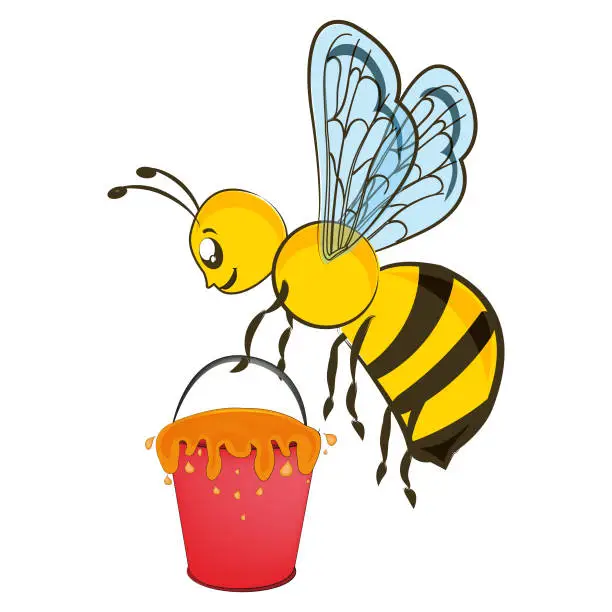 Vector illustration of The hard-work bee holding a bucket full of honey