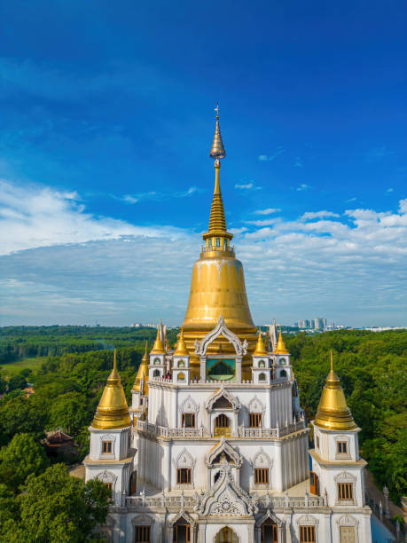 aerial view of buu long pagoda in ho chi minh city. a beautiful buddhist temple hidden away in ho chi minh city at vietnam. a mixed architecture of india, myanmar, thailand, laos, and viet nam - gold pagoda temple synagogue imagens e fotografias de stock