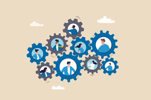 Vector illustration of Team or organization, office role or job position or skills to drive company, teamwork or collaboration for success, team effort concept, business people working to rotate connected cogwheels gear.