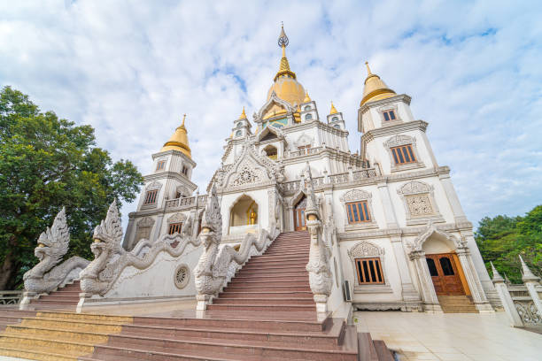 aerial view of buu long pagoda in ho chi minh city. a beautiful buddhist temple hidden away in ho chi minh city at vietnam. a mixed architecture of india, myanmar, thailand, laos, and viet nam - gold pagoda temple synagogue imagens e fotografias de stock