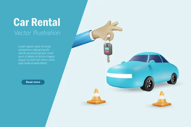 Vector illustration of Agency hand offer car key to customer. Car financing, auto leasing and car insurance concept. 3D vector.